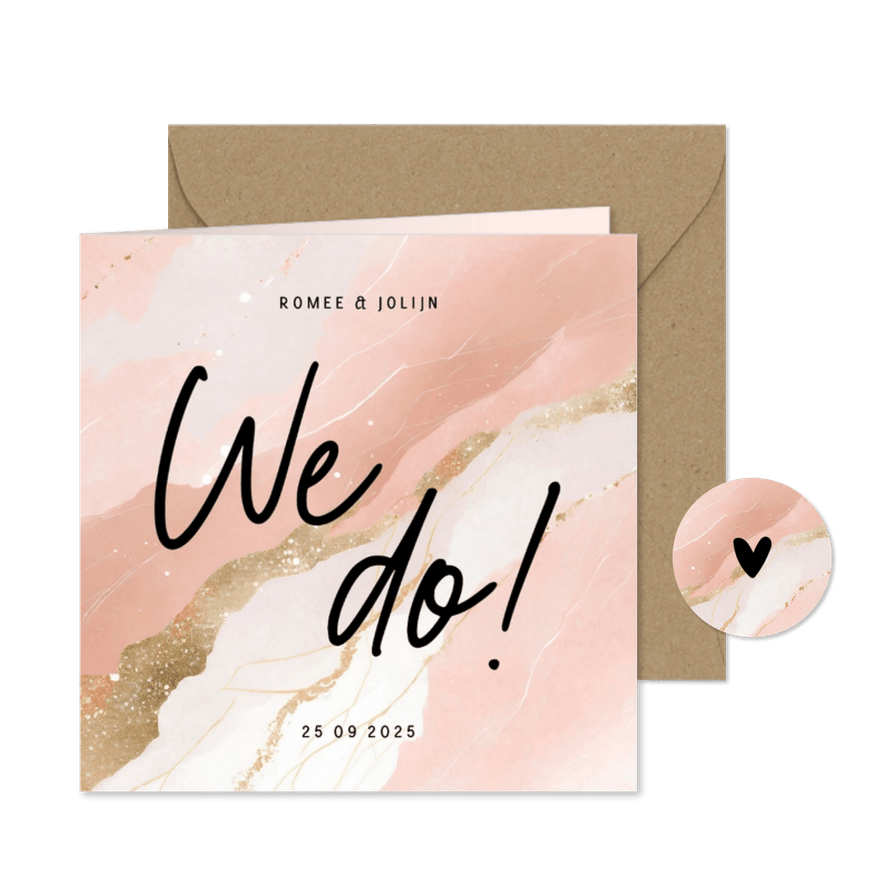 Trouwkaart 'we do!' marmerlook roze wit en goud - Kaartimpressie