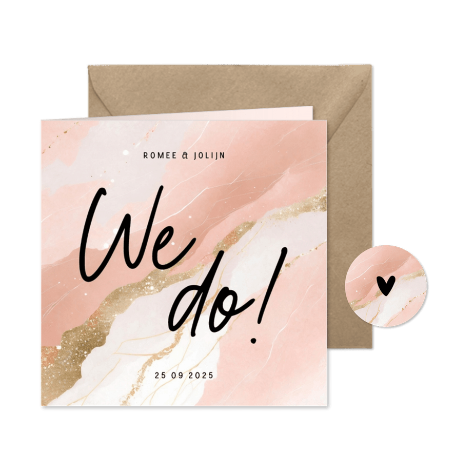 Trouwkaart 'we do!' marmerlook roze wit en goud - Kaartimpressie