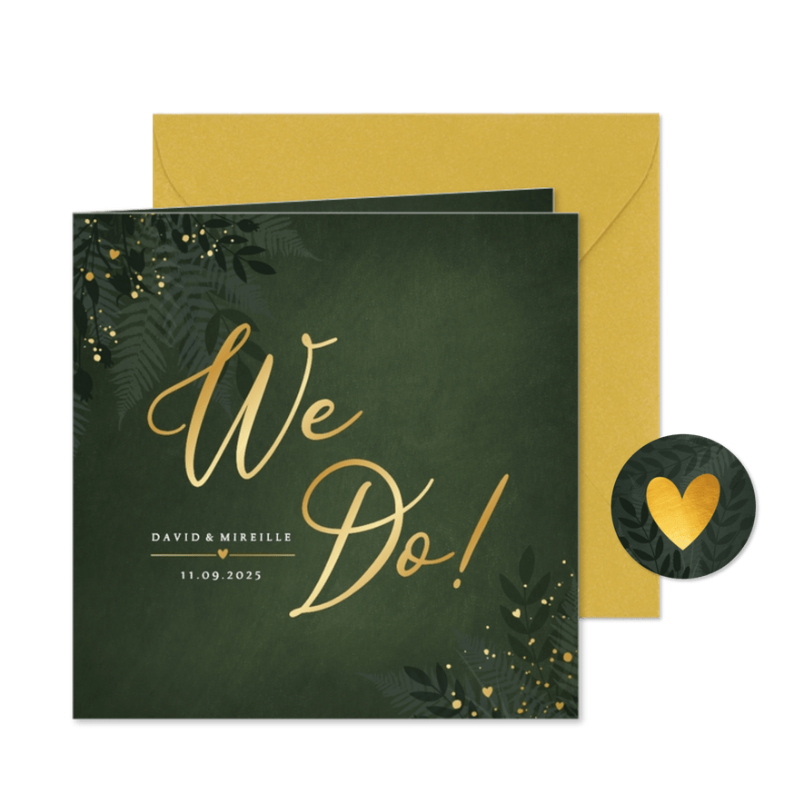 Trouwkaart We Do met goudfolie en jungle bladeren - Kaartimpressie