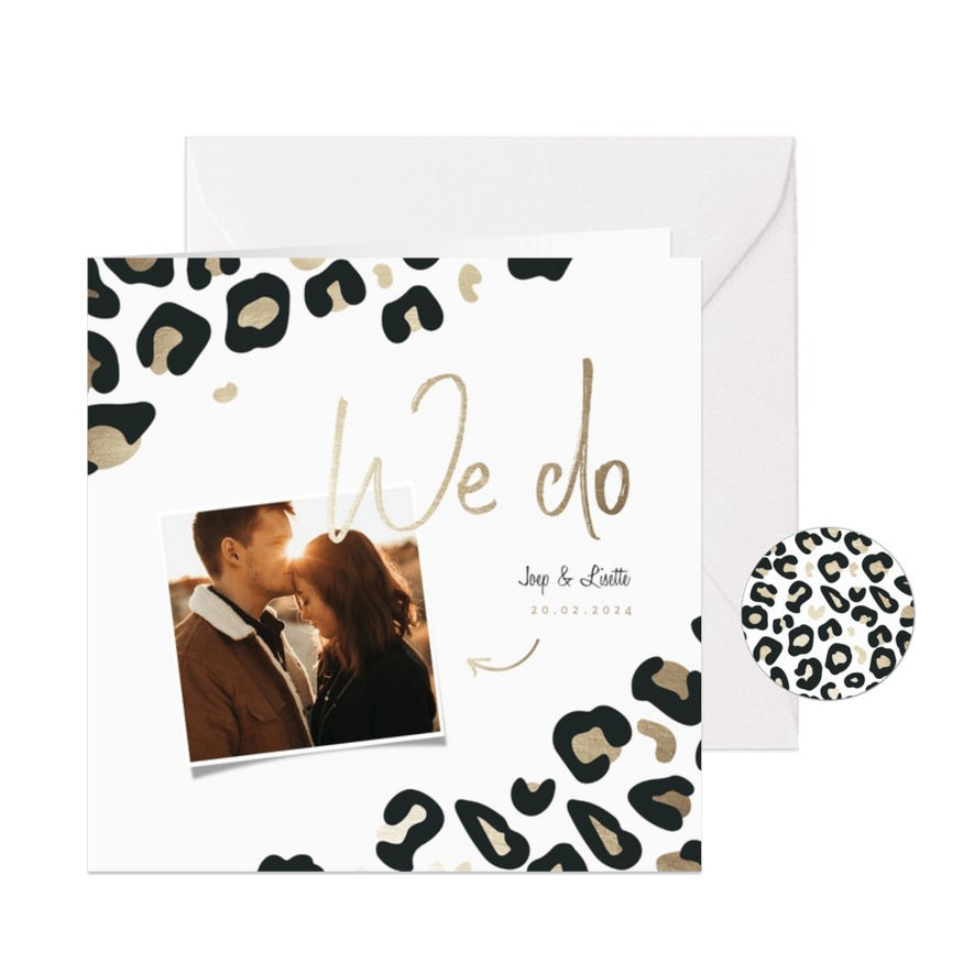 Trouwkaart 'We do' panterprint goudlook met foto - Kaartimpressie