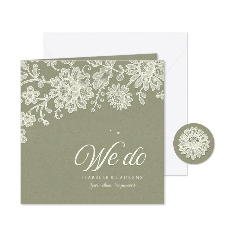 Trouwkaart we do vintage kraft kant bloemen groen - Kaartimpressie