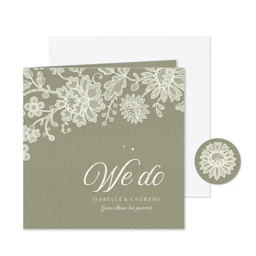 Trouwkaart we do vintage kraft kant bloemen groen - Kaartimpressie