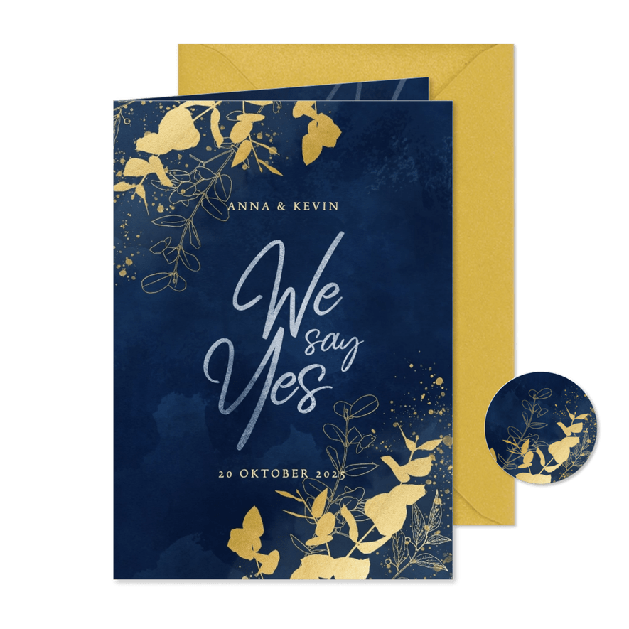 Trouwkaart We say Yes blauwe waterverf gouden plantjes - Kaartimpressie