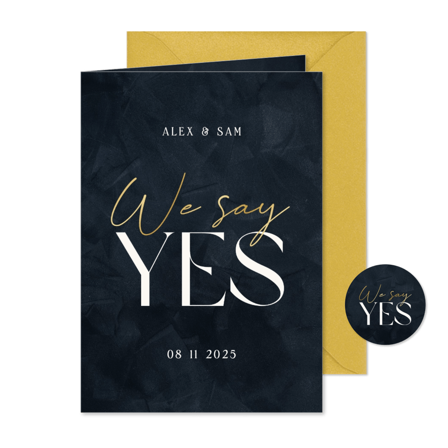 Trouwkaart 'we say yes' donkerblauw met goud stijlvol  - Kaartimpressie