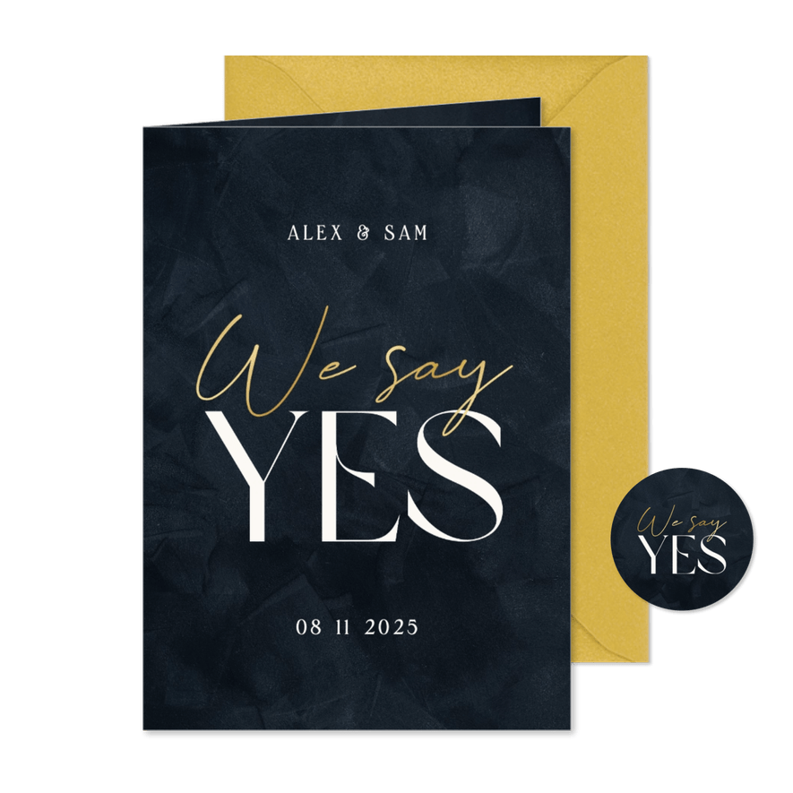 Trouwkaart 'we say yes' donkerblauw met goud stijlvol - Kaartimpressie