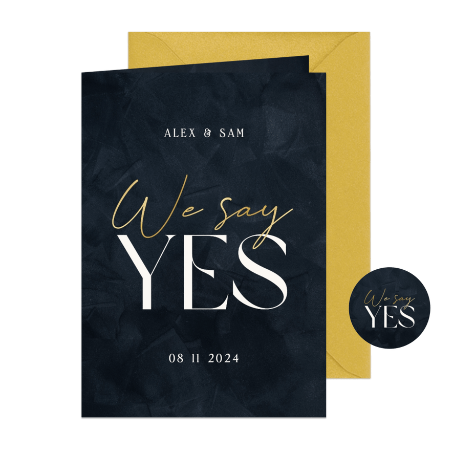 Trouwkaart 'we say yes' donkerblauw met goud stijlvol  - Kaartimpressie