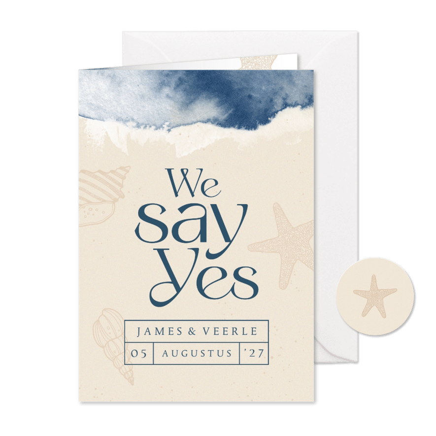 Trouwkaart we say yes strand zee water schelpen verf - Kaartimpressie