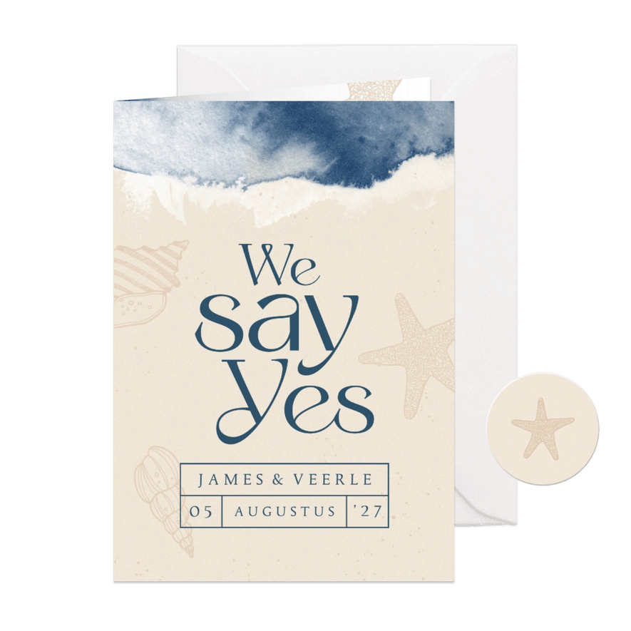 Trouwkaart we say yes strand zee water schelpen verf - Kaartimpressie