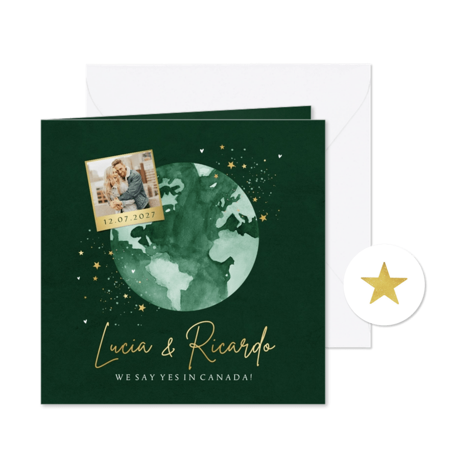 Trouwkaart wereldbol chique goud sterren hartjes - Kaartimpressie