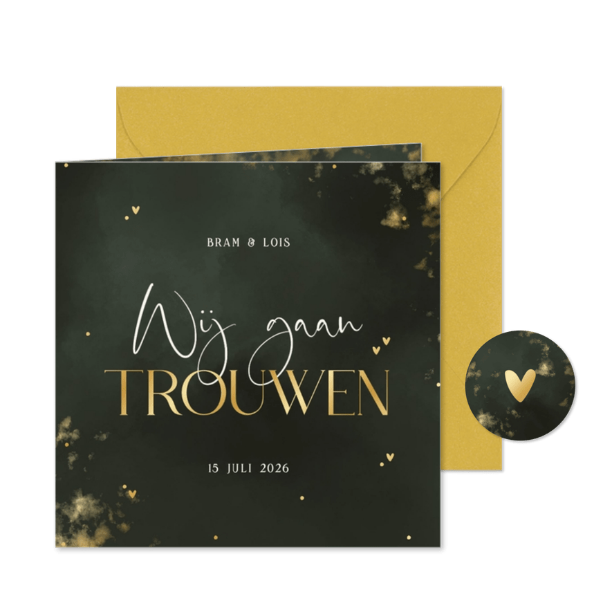 Trouwkaart wij gaan trouwen groene wolkjes met goud  - Kaartimpressie