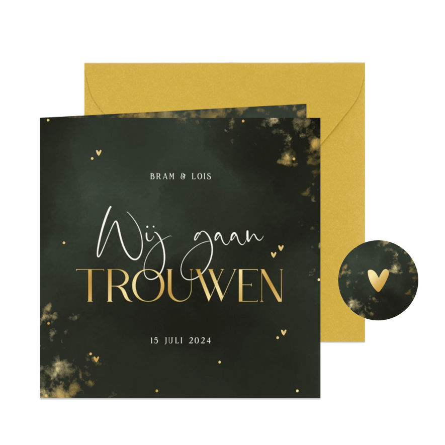 Trouwkaart wij gaan trouwen groene wolkjes met goud  - Kaartimpressie