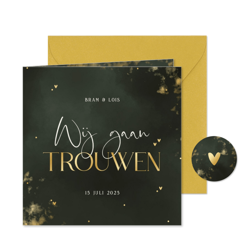 Trouwkaart wij gaan trouwen groene wolkjes met goud  - Kaartimpressie