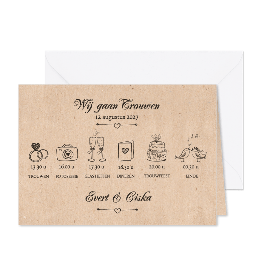 Trouwkaart wij gaan trouwen met tijdlijn - Kaartimpressie