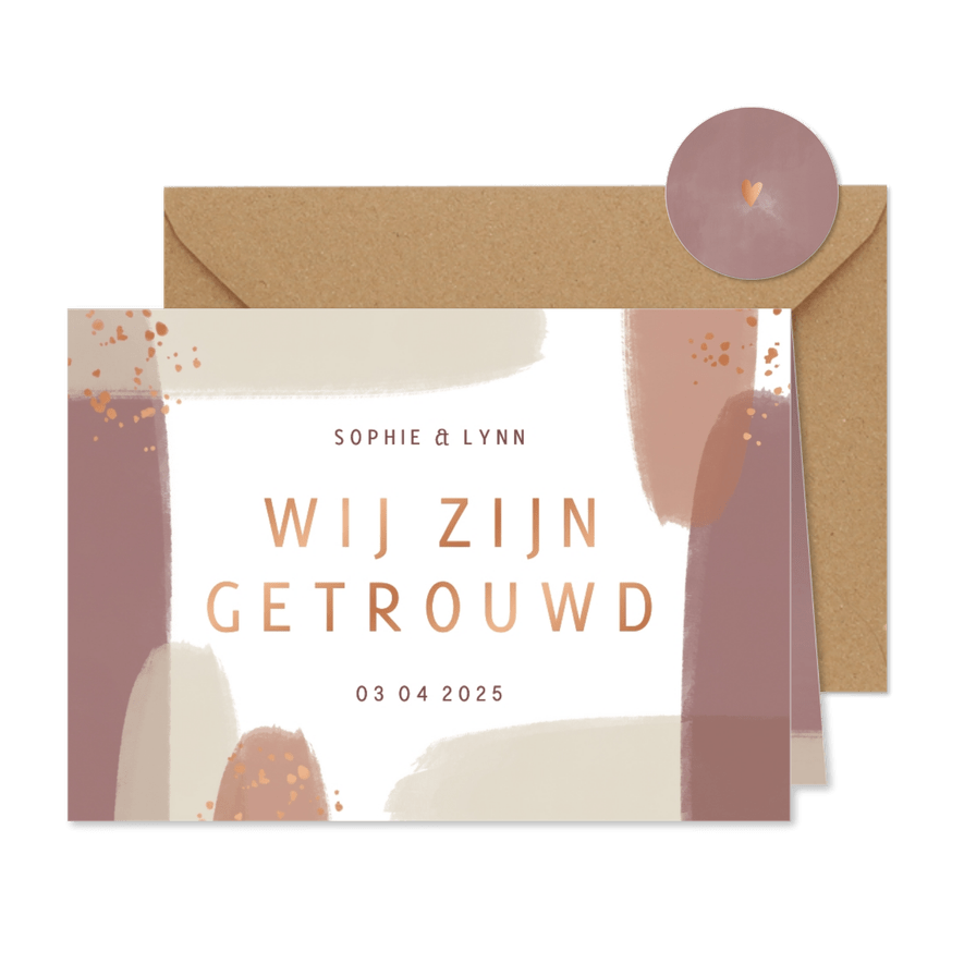 Trouwkaart wij zijn getrouwd naturel waterverf spettertjes - Kaartimpressie