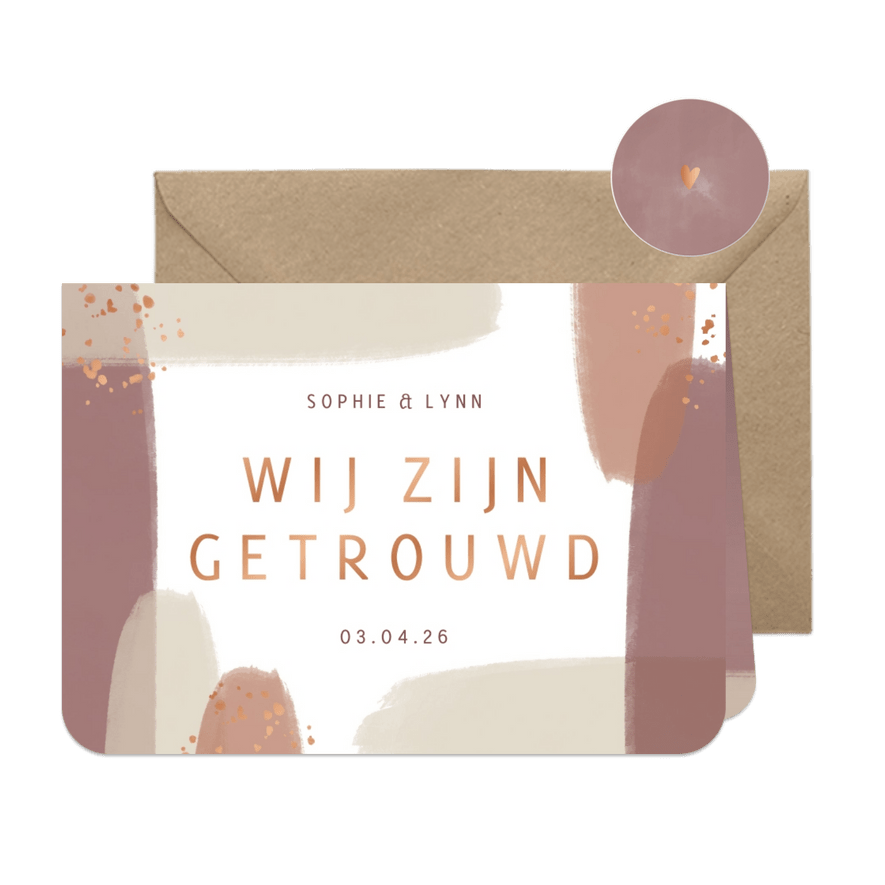 Trouwkaart wij zijn getrouwd naturel waterverf spettertjes - Kaartimpressie