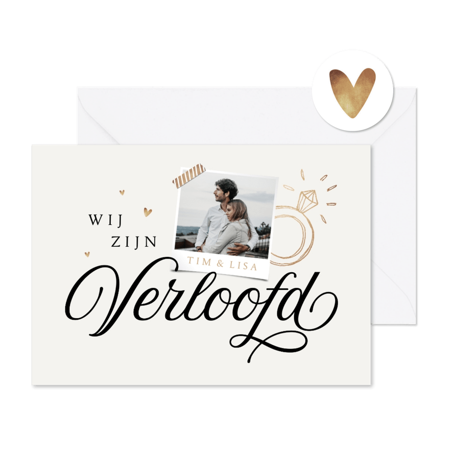 Trouwkaart wij zijn verloofd foto ring hartjes - Kaartimpressie