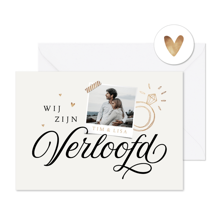 Trouwkaart wij zijn verloofd foto ring hartjes - Kaartimpressie