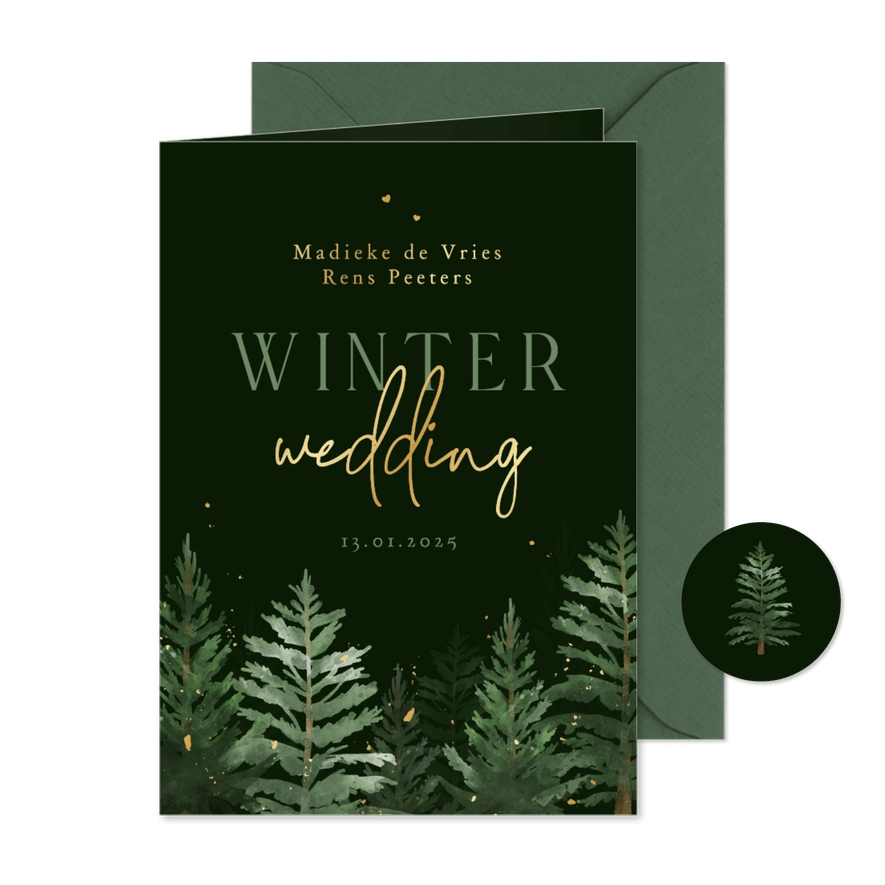 Trouwkaart winter wedding dennenbomen donker groen goud - Kaartimpressie
