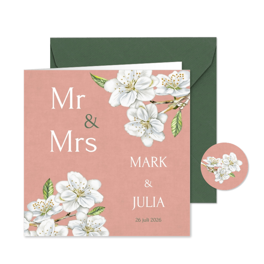 Trouwkaart witte bloesem op fluweel - Kaartimpressie