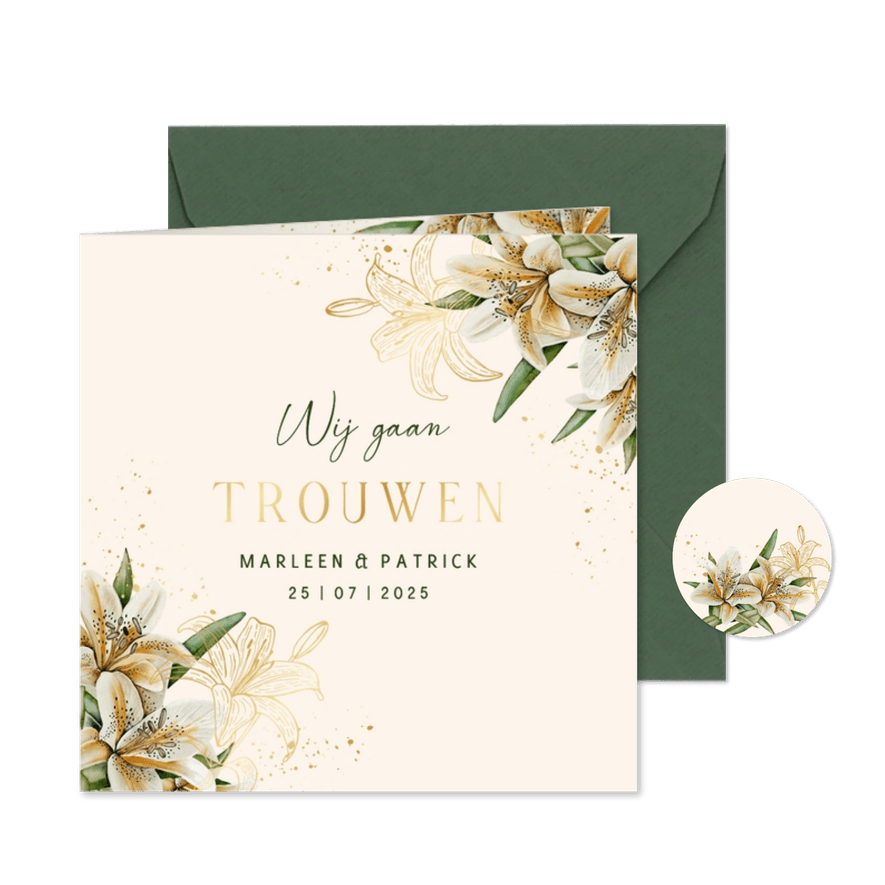 Trouwkaart witte lelie met goudfolie - Kaartimpressie