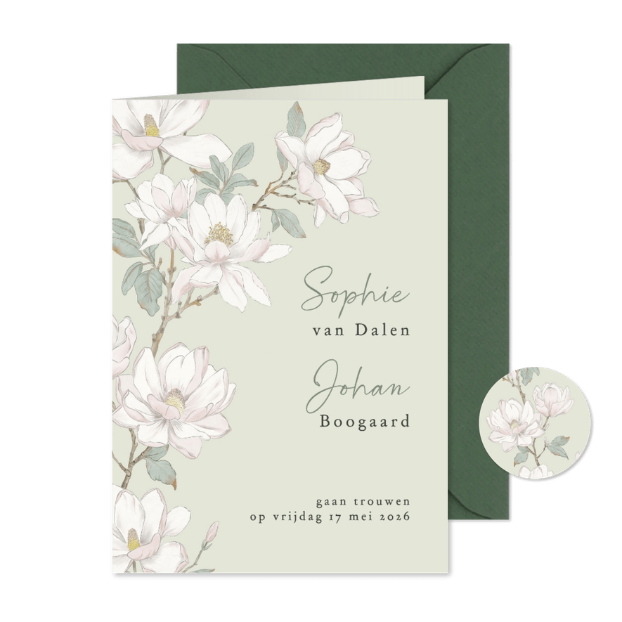 Trouwkaart witte magnolia bloemen - Kaartimpressie