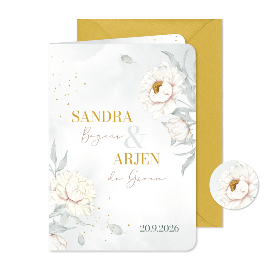 Trouwkaart witte Pioenrozen met goudlook - Kaartimpressie