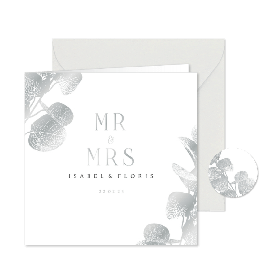 Trouwkaart yes eucalyptustak in zilver - Kaartimpressie