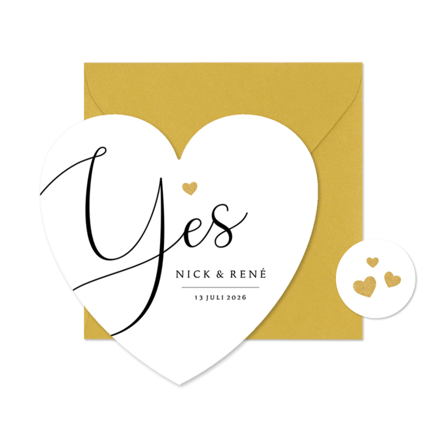 Trouwkaart yes hartvorm minimalistisch stijlvol - Kaartimpressie