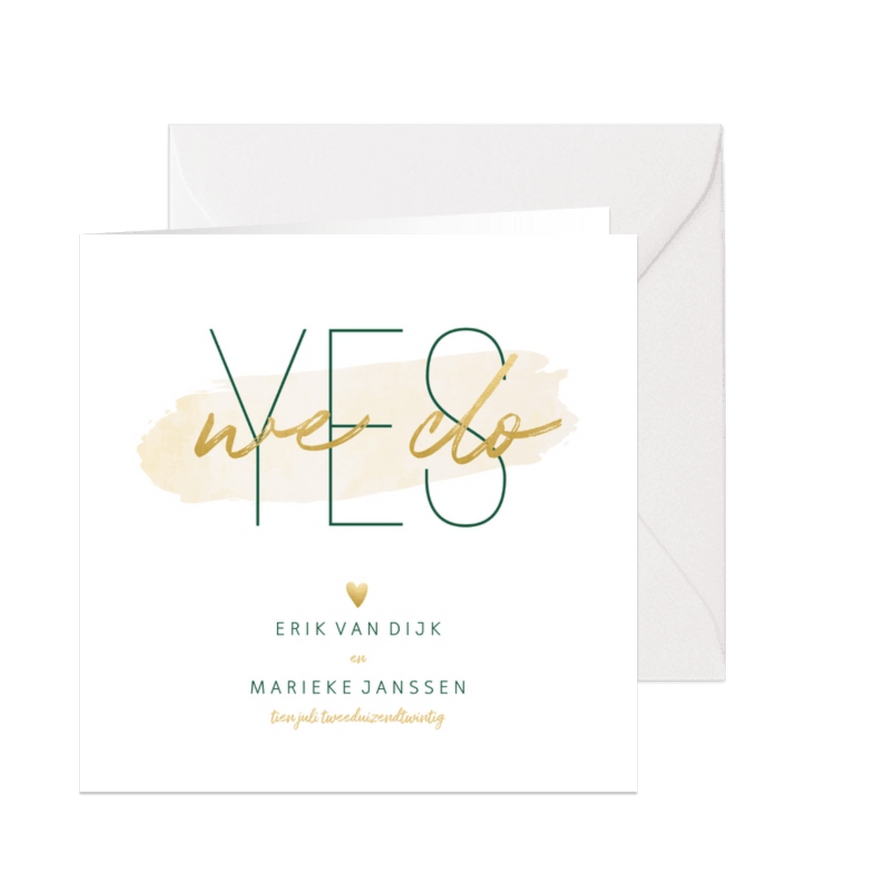 Trouwkaart 'Yes we do' met goudlook en waterverf - Kaartimpressie