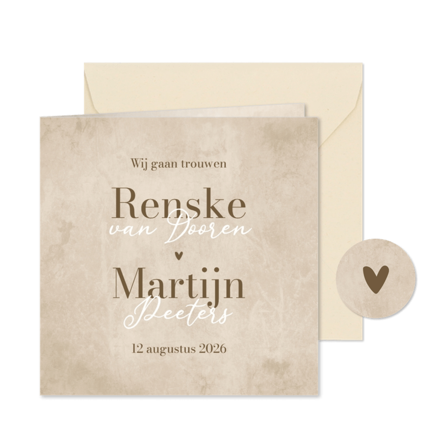 Trouwkaart zandkleurig natuurlijk stijlvol hartje - Kaartimpressie