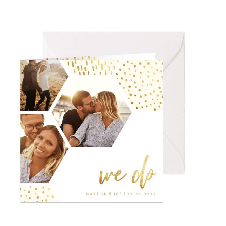 Trouwkaart zeshoek fotocollage met gouden confetti - Kaartimpressie