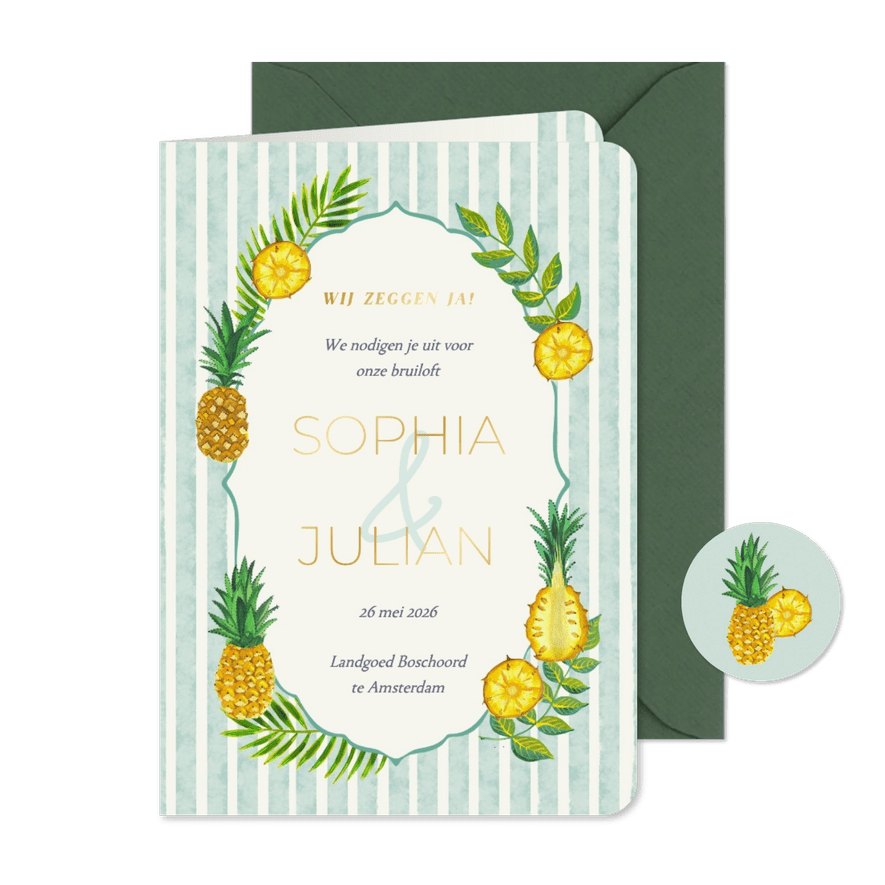 Trouwkaart zomer bruiloft fruit ananas - Kaartimpressie