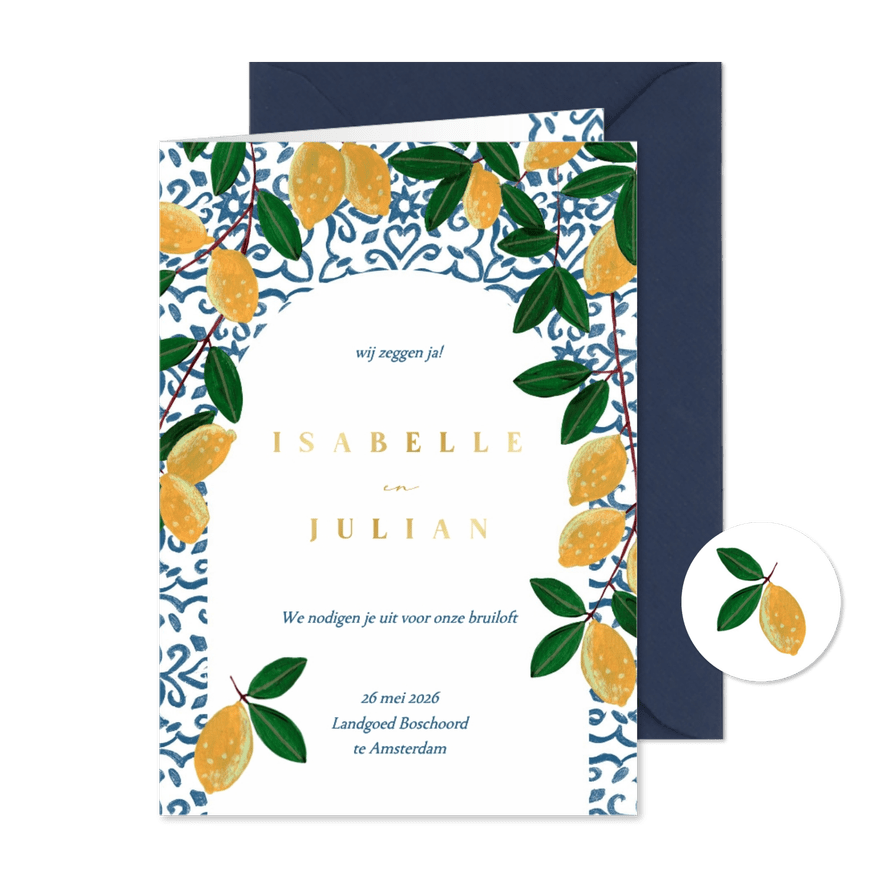 Trouwkaart zomer mediterraanse citroenen en tegels - Kaartimpressie