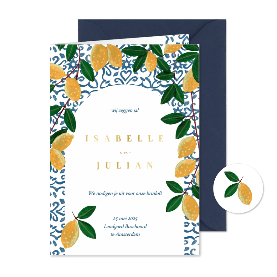 Trouwkaart zomer mediterraanse citroenen en tegels - Kaartimpressie