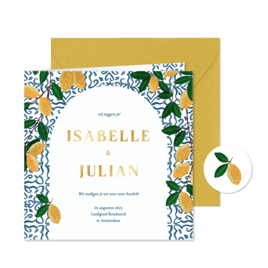 Trouwkaart zomer mediterraanse citroenen tegels illustratie - Kaartimpressie