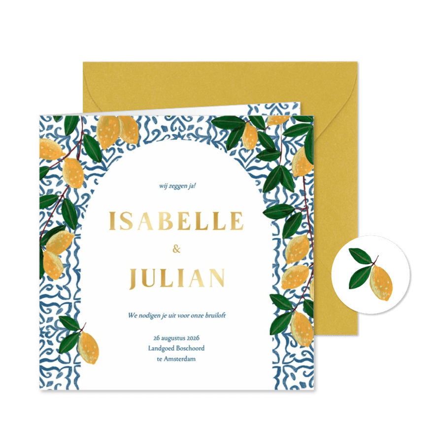 Trouwkaart zomer mediterraanse citroenen tegels illustratie - Kaartimpressie