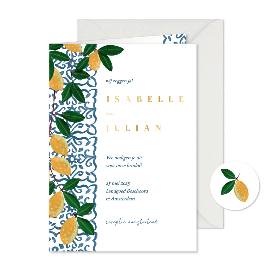 Trouwkaart zomer mediterraanse tegels en citroenen - Kaartimpressie