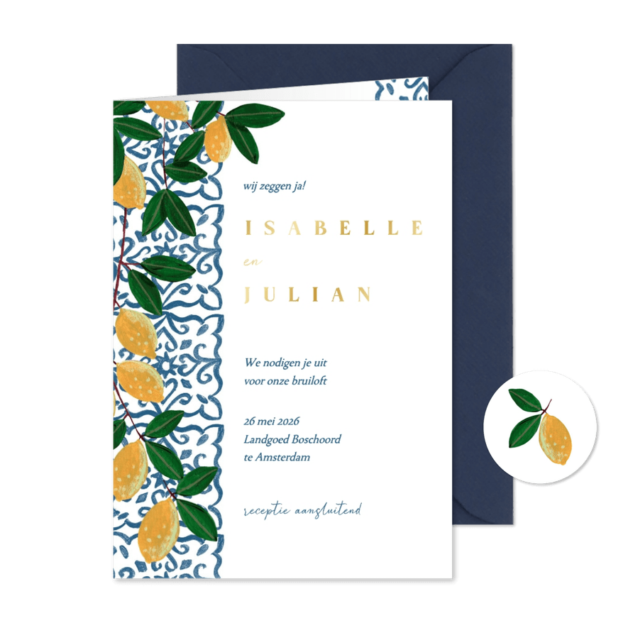 Trouwkaart zomer mediterraanse tegels en citroenen - Kaartimpressie
