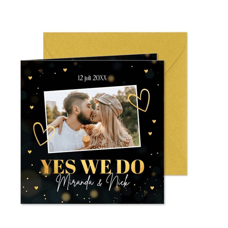 Trouwkaart zwart goud foto hartjes - Kaartimpressie