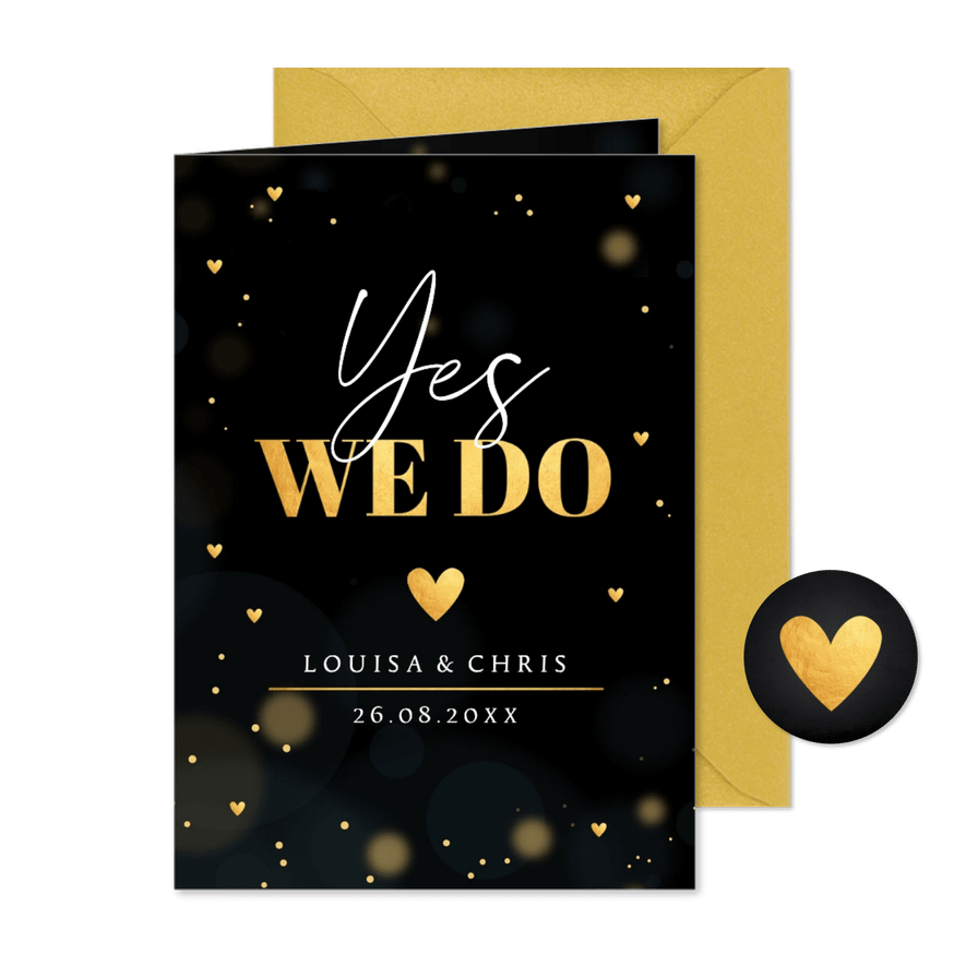 Trouwkaart zwart goudlook hartjes rechthoekig - Kaartimpressie