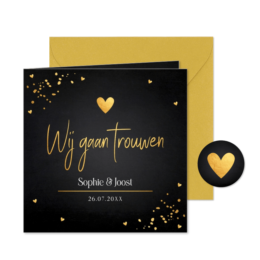 Trouwkaart zwart goudlook hartjes - Kaartimpressie