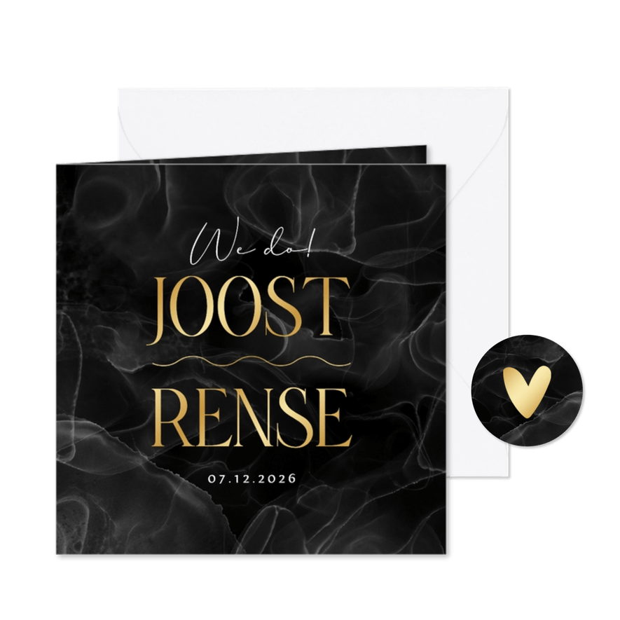 Trouwkaart zwart marmer goud stijlvol namen - Kaartimpressie
