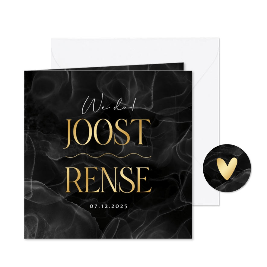 Trouwkaart zwart marmer goud stijlvol namen - Kaartimpressie