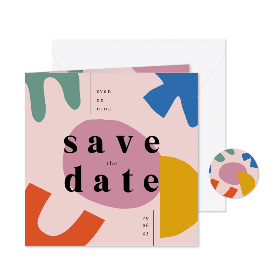 Trouwkaartje abstract save the date kleurrijk - Kaartimpressie