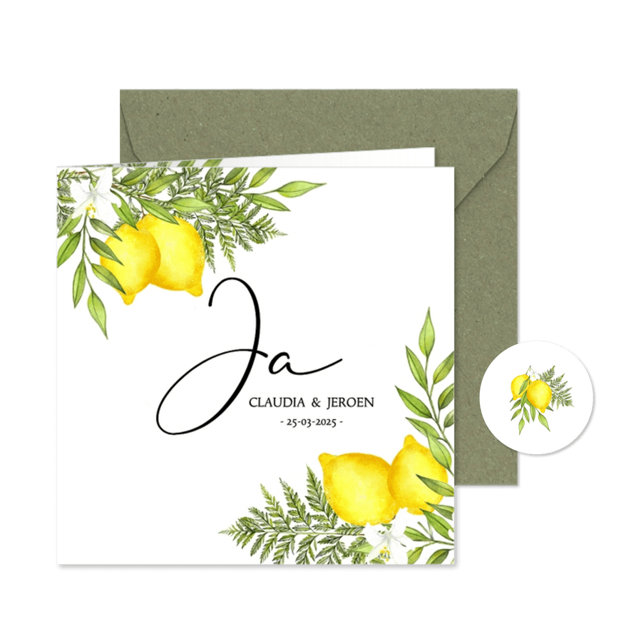 Trouwkaartje botanische citroenen met blad - Kaartimpressie