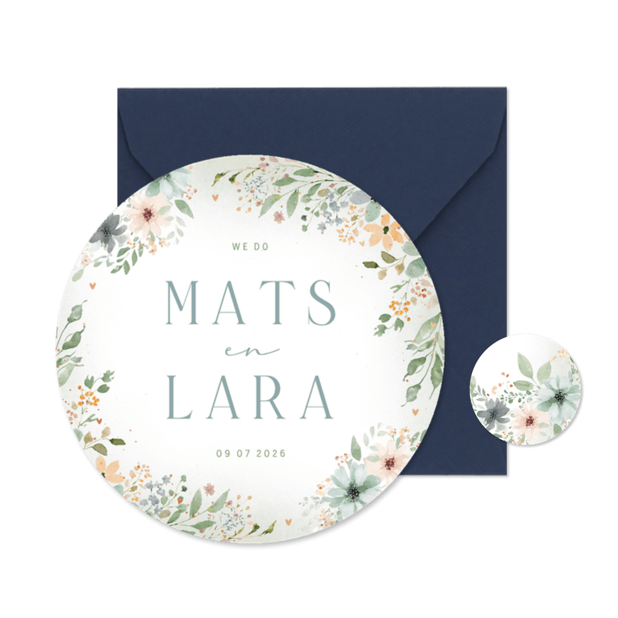 Trouwkaartje met kader van bloemen waterverf in cirkelvorm - Kaartimpressie