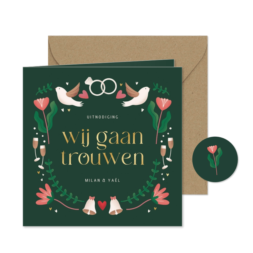 Trouwkaartje patroon folk illustratie wij gaan trouwen - Kaartimpressie