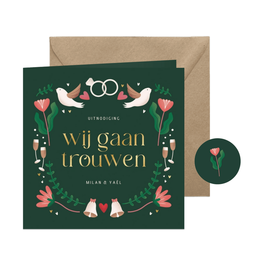 Trouwkaartje patroon folk illustratie wij gaan trouwen - Kaartimpressie