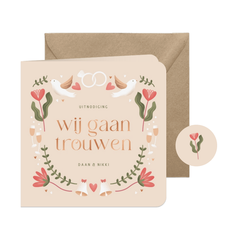 Trouwkaartje patroon wij gaan trouwen folk illustratie beige - Kaartimpressie