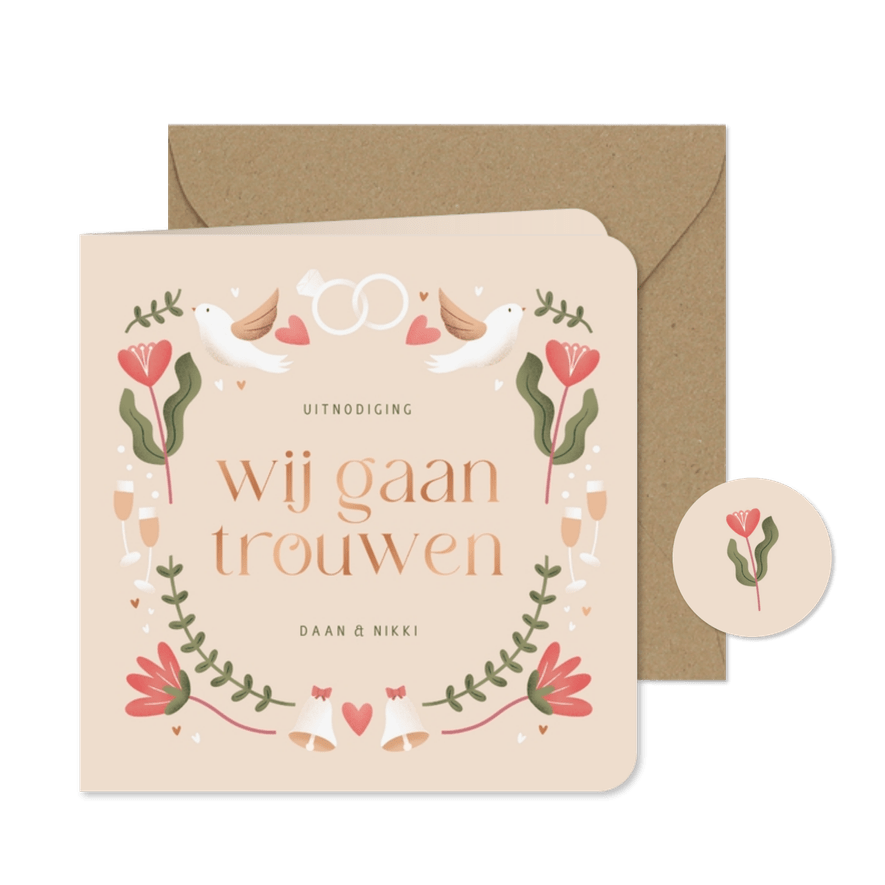 Trouwkaartje patroon wij gaan trouwen folk illustratie beige - Kaartimpressie